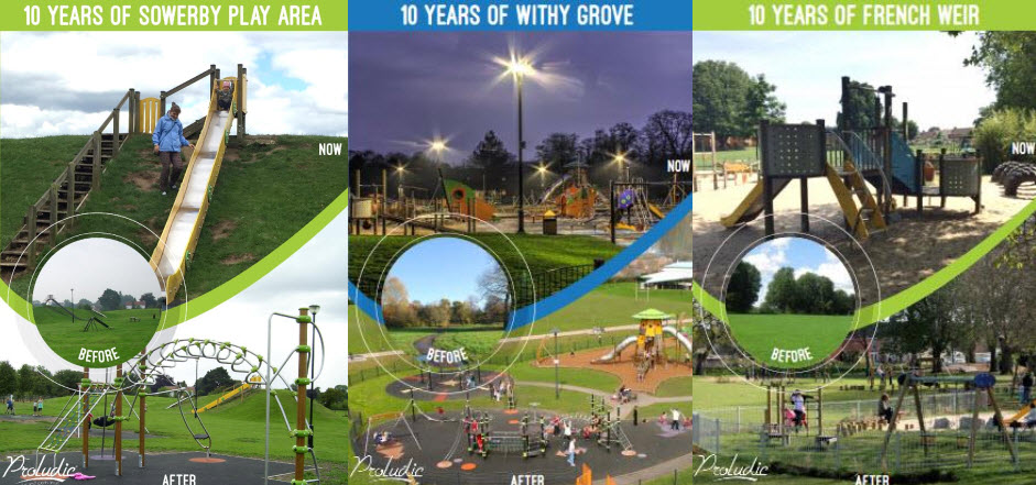 Before and after of great Prolduic Playgrounds after 10 years: Sowerby Play Area, Withy Grove, and French Weir