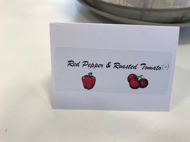 SoupKitchen label for red pepper and roasted tomato soup vegetarian