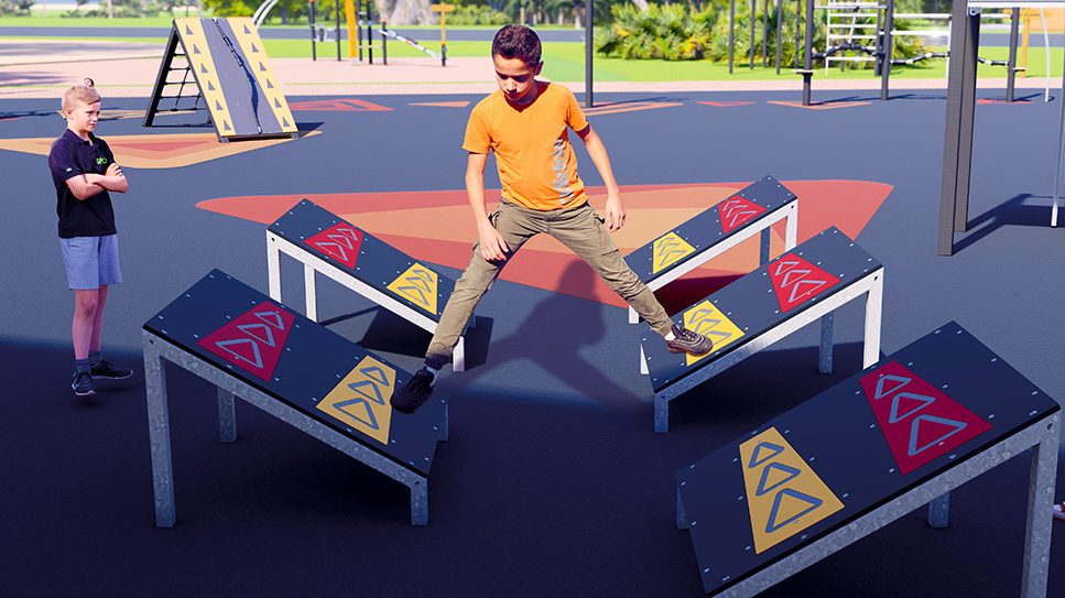 Children jumping across ACTI’Fun ACTI’Ninja Slanted Steps outdoor gym equipment 