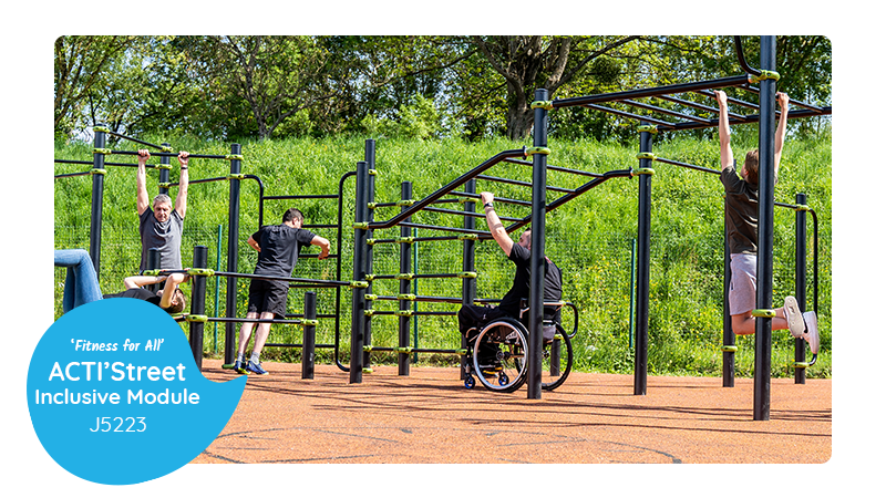 Proludic’s “Fitness for all” ACTI’Street Inclusive Module (J5223). A wheelchair inclusive adult climbing exercise station module with multiple heights of dip bar and monkey bars