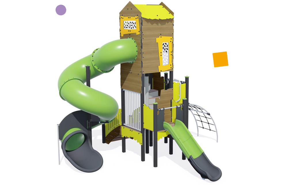 An inclusive adventure themed play tower, a tall structure in lime green colours and wood effect panels. Includes a spiral slide, climbing features, sensory panels and smaller slide.