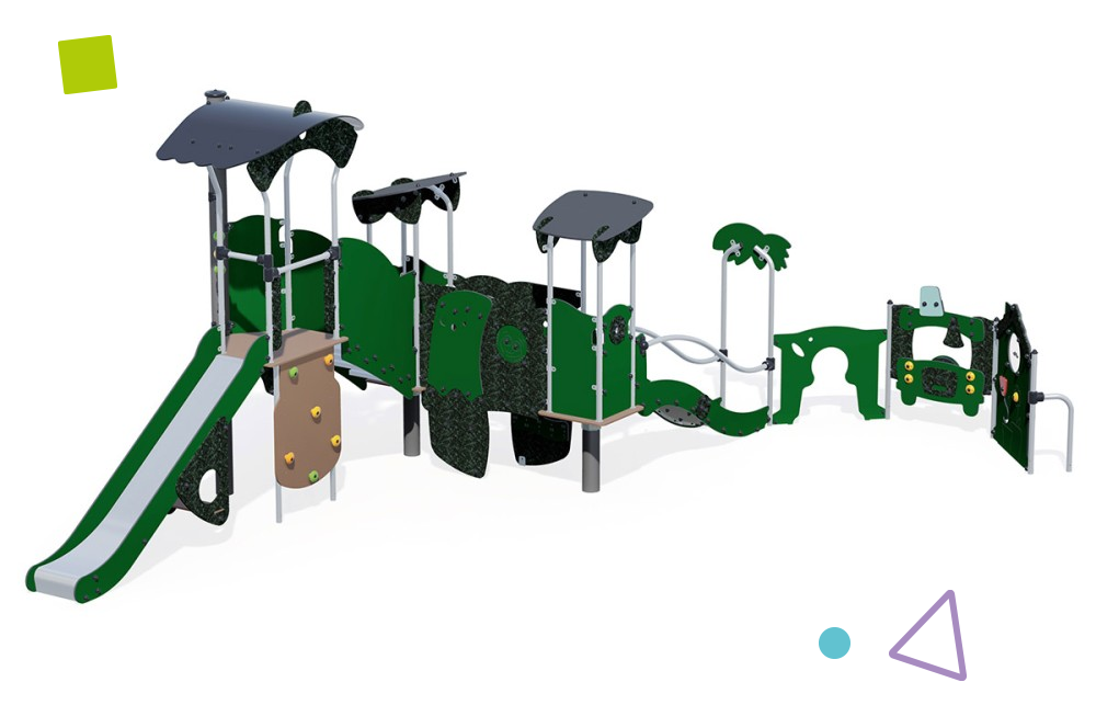 An eco-friendly HDPE (High-Density Polyethylene) multiplay unit in dark green coloured panels with a plethora of play features. Includes platforms, walkways, a slide and sensory elements.