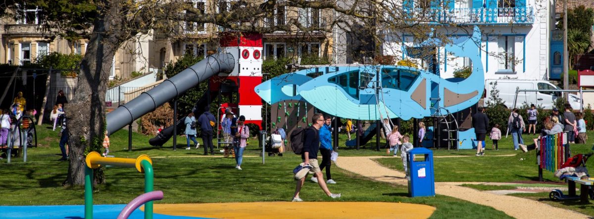 Giant lighthouse slide and whale climbing structure at Water Adventure Play Park, Weston-Super-Mare